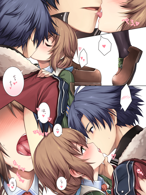 1boy 1girl blue_hair blush boots brown_hair closed_eyes eiyuu_densetsu eyebrows eyelashes falcom fur fur_trim green_eyes height_difference hetero kiss licking looking_at_another military military_uniform multiple_views open_mouth purple_eyes rean_schwarzer school_uniform sen_no_kiseki sen_no_kiseki_(series) sen_no_kiseki_i sen_no_kiseki_ii shoes simple_background standing_on_tiptoe sweat tongue towa_herschel white_background