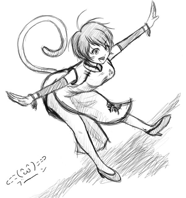 1girl alternate_costume bangle bare_legs bent_over bracelet china_dress chinese_clothes detached_sleeves dress eileen female_focus greyscale happy high_heels jewelry monkey_tail monochrome outstretched_arms shoes short_hair side_slit solo tail tal_yuji virtua_fighter virtua_fighter_5 virtua_fighter_5:_final_showdown