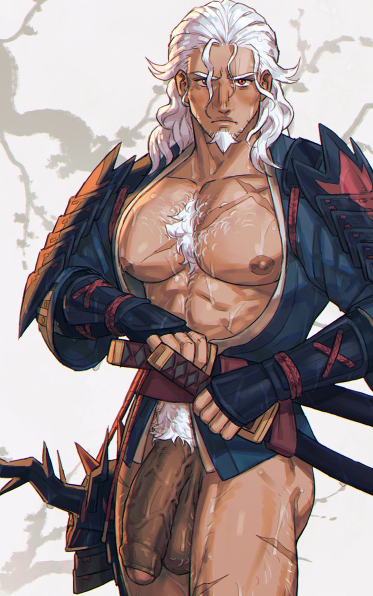 1boy bara bare_pectorals chest_hair commentary dreamplpe english_commentary facial_hair flaccid foreskin goatee highres hisuian_samurott holding holding_sword holding_weapon huge_penis japanese_clothes katana large_pectorals long_hair looking_at_viewer male_focus male_pubic_hair muscular muscular_male nintendo nipples pectorals penis personification pokemon pubic_hair red_eyes scar scar_on_chest sheath sheathed solo sword testicles variant_set veins veiny_penis weapon white_hair