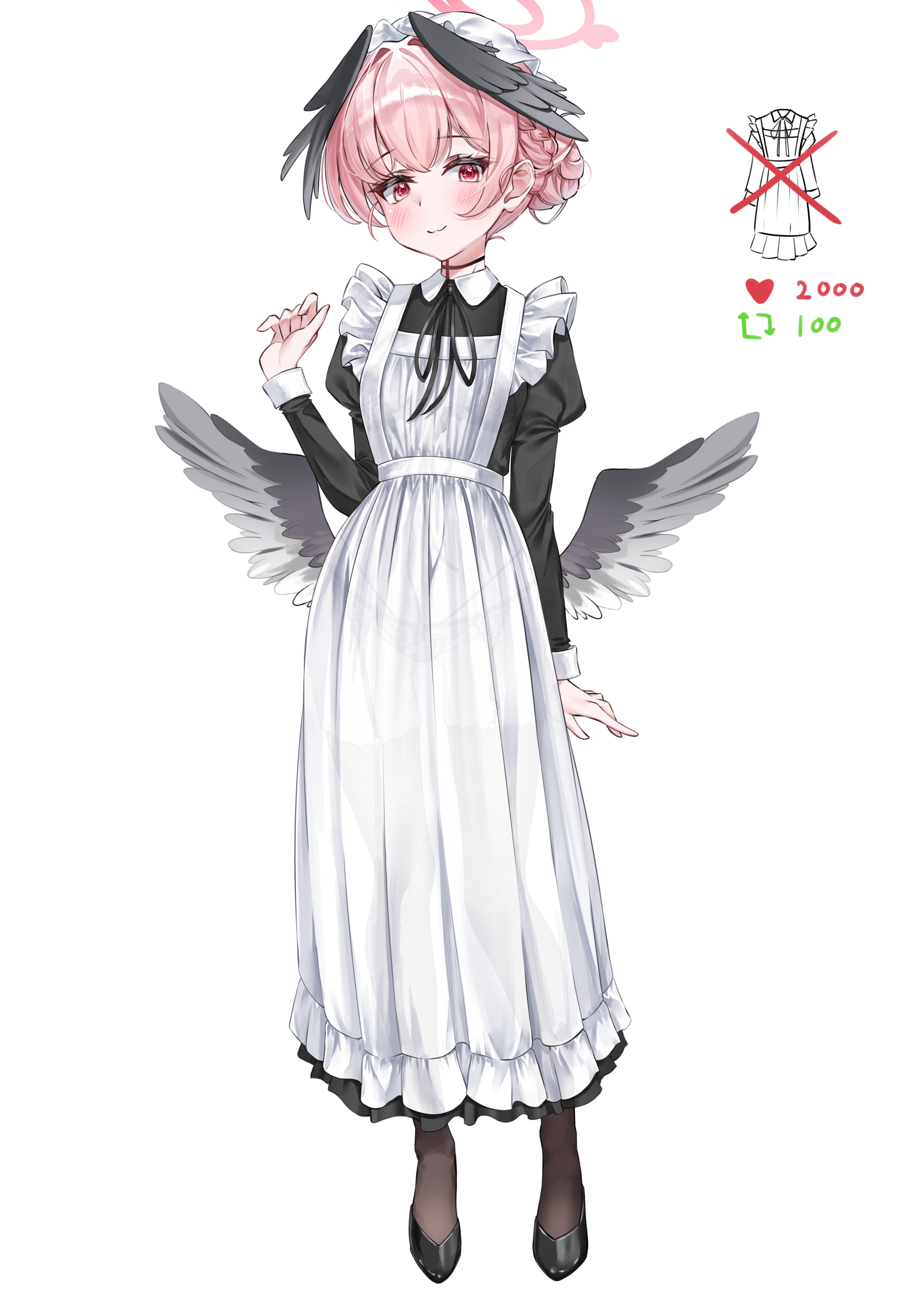 1girl :3 absurdres alternate_costume alternate_hairstyle apron arm_at_side black_dress black_ribbon black_wings blue_archive blush bun_cover closed_mouth commentary dress enmaided feathered_wings frilled_apron frills full_body hair_bun hand_up head_wings heart highres juliet_sleeves koharu_(blue_archive) long_dress long_sleeves looking_at_viewer low_wings maid maid_apron neck_ribbon pink_hair puffy_sleeves red_eyes ribbon short_hair simple_background single_hair_bun smile solo standing twitter_strip_game wfa5051 white_apron white_background wings