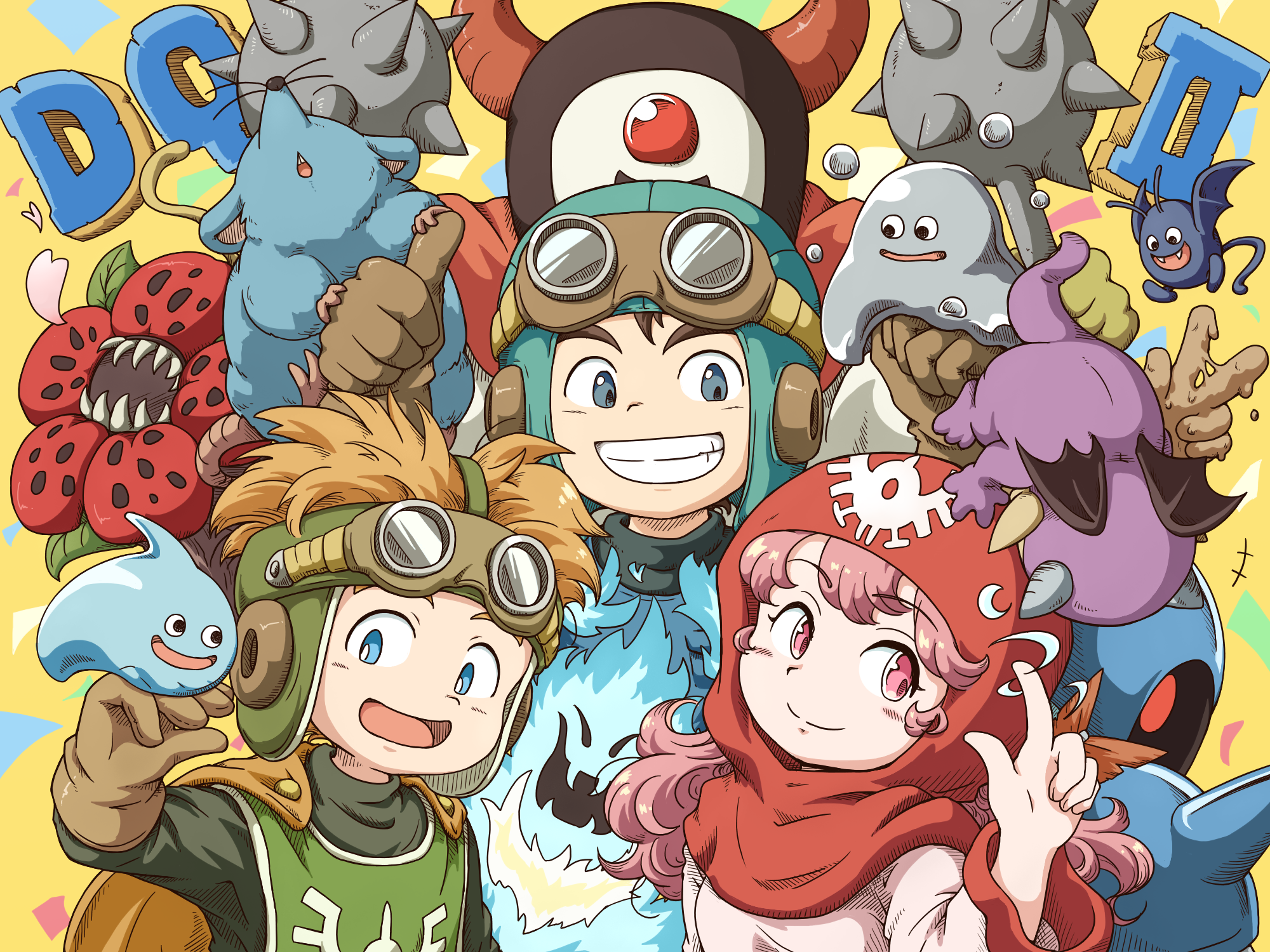 1girl 2boys 4ma4ma5ma 6+others anniversary black_bodysuit blue_eyes blue_hat blue_tunic bodysuit brown_gloves brown_hair cape commentary_request confetti copyright_name cousins creature_request curly_hair dracky dragon_quest dragon_quest_ii frostburn_(dragon_quest) gloves goggles goggles_on_headwear green_tabard gremlin_(dragon_quest) grin hat highres horns index_finger_raised killer_machine_(dragon_quest) liquid_metal_slime_(dq) long_hair looking_at_another looking_to_the_side mace multiple_boys multiple_others orange_cape orange_hair pink_eyes pink_hair pink_hood prince_of_lorasia prince_of_samantoria princess_of_moonbrook red_horns robe sharp_teeth short_hair slime_(dragon_quest) smile spiked_hair spiked_mace spikes tabard teeth thumbs_up tunic v weapon white_robe wrecktor yellow_background