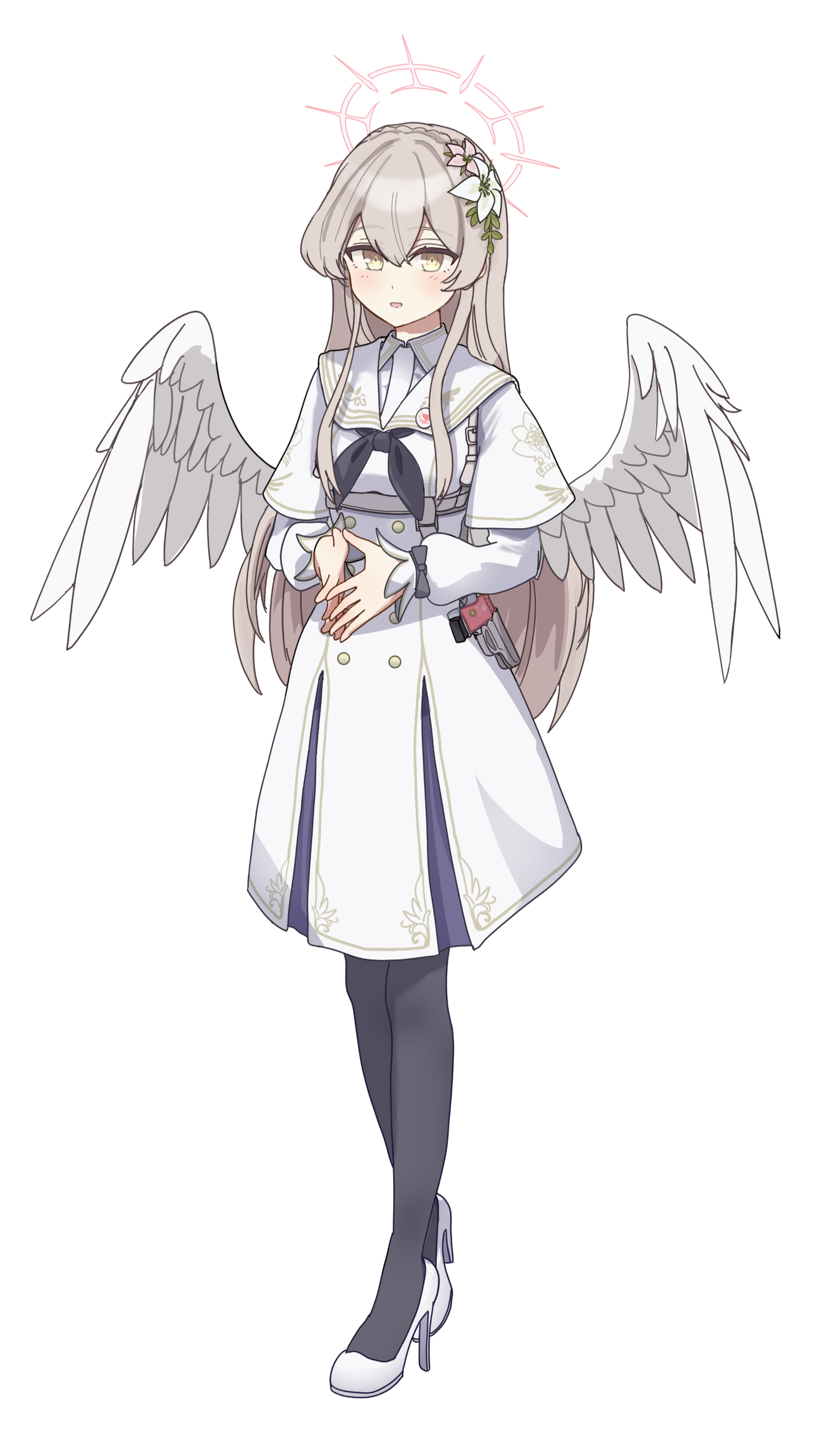 1girl absurdres angel_wings black_neckerchief black_pantyhose blonde_hair blue_archive buttons commentary feathered_wings full_body gatling_gun halo high_heels highres long_hair minigun nagisa_(blue_archive) neckerchief open_mouth pantyhose pink_halo simple_background smile solo wang_jian_guo white_background white_wings wings yellow_eyes
