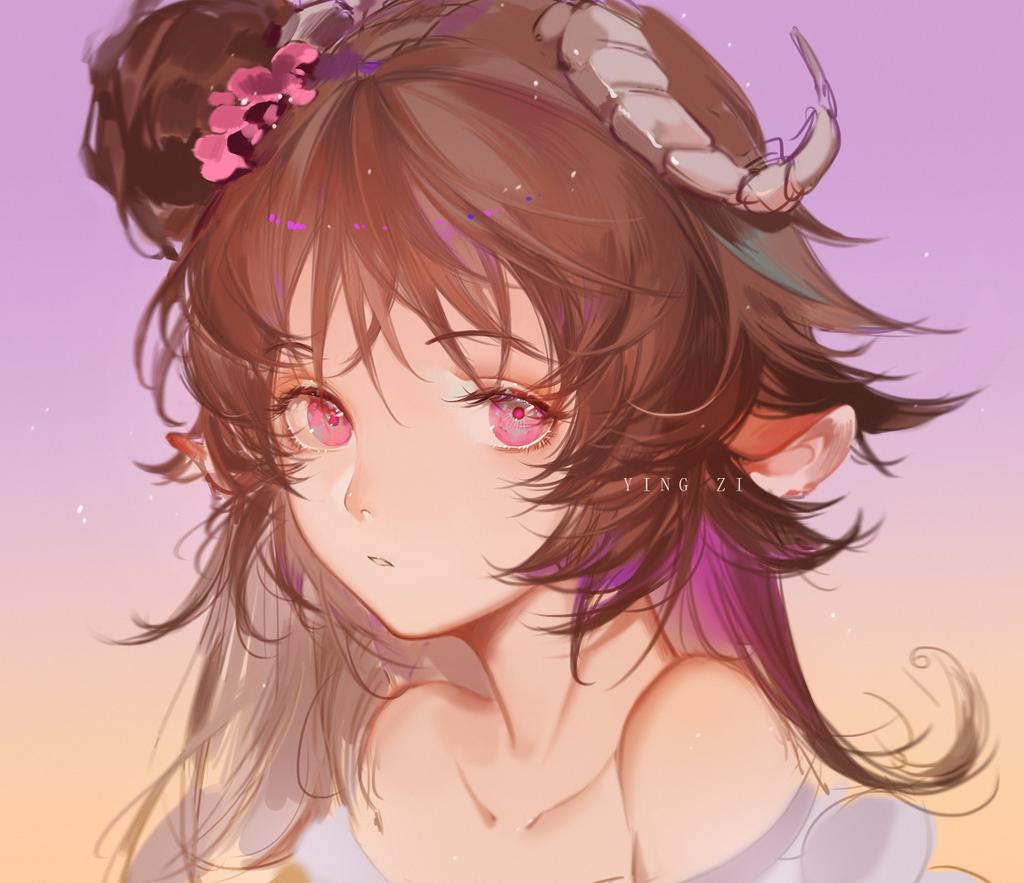 1girl animal_ears arknights bare_shoulders brown_hair collarbone eyjafjalla_(arknights) eyjafjalla_(summer_flower)_(arknights) gradient_background gradient_hair hair_bun horns long_hair looking_at_viewer multicolored_hair official_alternate_costume parted_lips pink_eyes pink_hair portrait purple_background sheep_ears sheep_girl sheep_horns side_bun single_hair_bun single_side_bun solo yellow_background yingzi