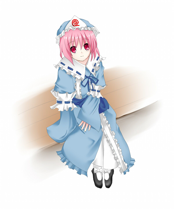 1girl bad_id bad_pixiv_id dress female_focus full_body gradient_background hat japanese_clothes mai_yukari pink_eyes pink_hair saigyouji_yuyuko short_hair sitting smile solo touhou white_background