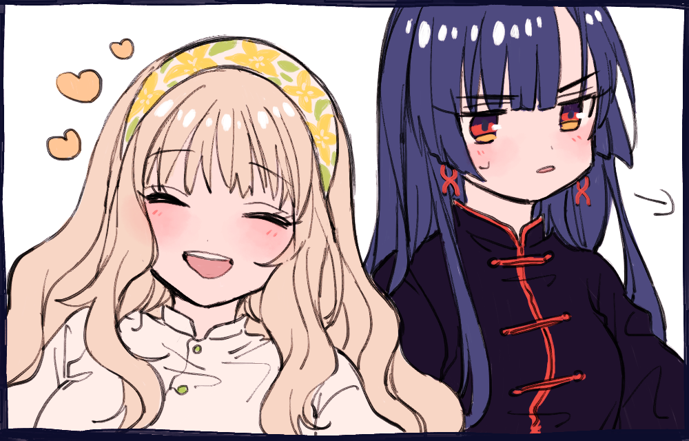 2girls amane_(7783) black_shirt blue_hair blush brown_hair closed_eyes commentary_request earrings hairband heart jewelry long_hair multiple_girls open_mouth orange_eyes original shirt teeth translation_request upper_teeth_only white_shirt yellow_hairband