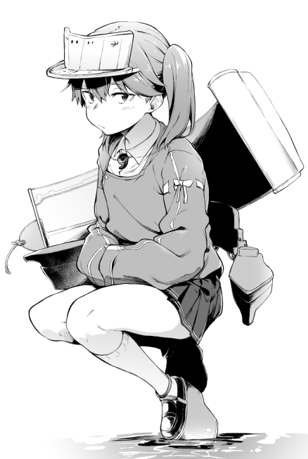 1girl expressionless full_body greyscale kantai_collection looking_at_viewer medium_hair monochrome ryuujou_(kancolle) skirt solo spirytus_tarou squatting twintails visor_cap water