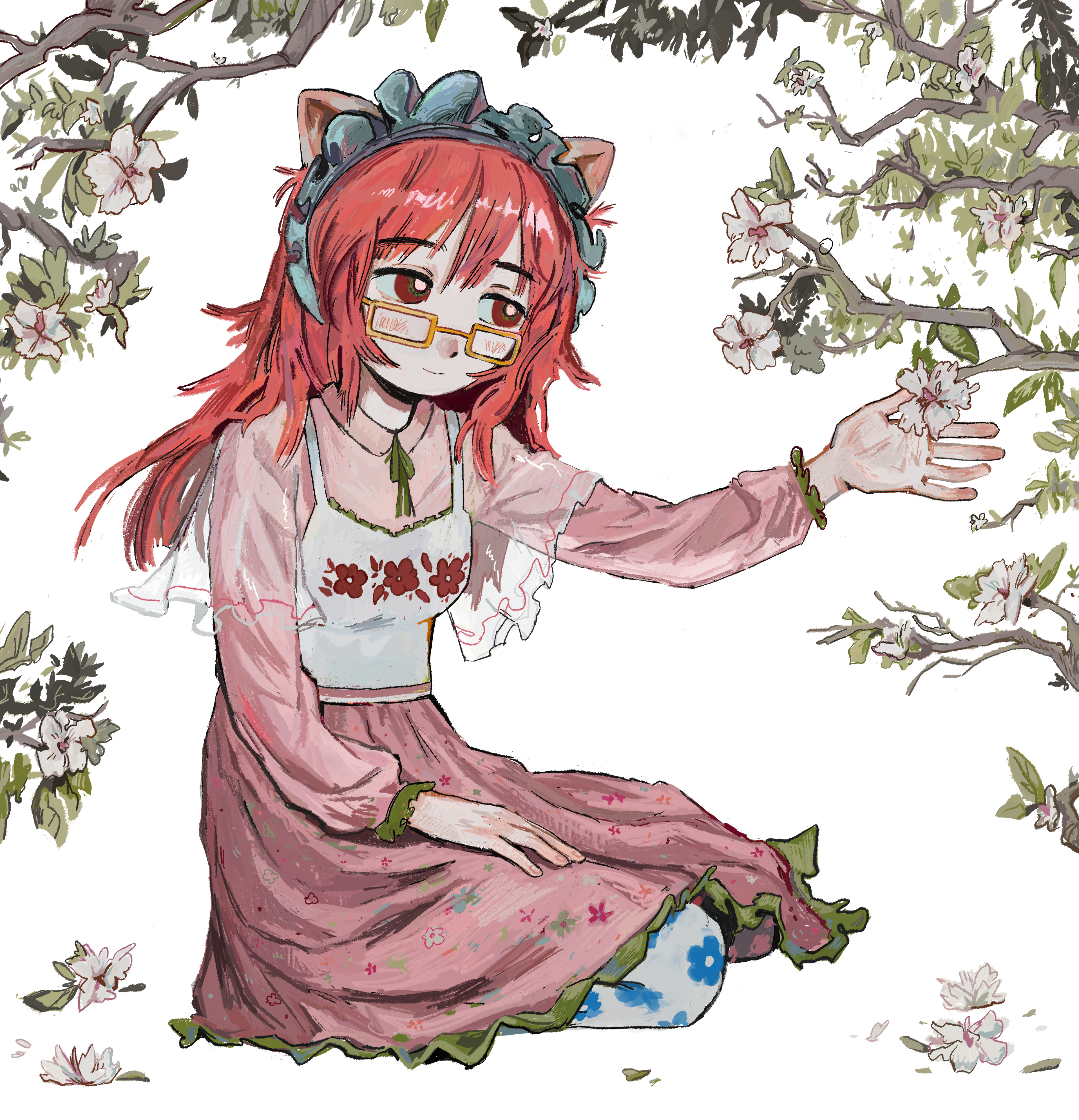 1girl absurdres animal_ears dress elfen_lied fffkorobka floral_print flower frilled_headwear highres lucy_(elfen_lied) pink_dress pink_hair red_eyes seiza sitting solo white_background white_flower yellow-framed_eyewear