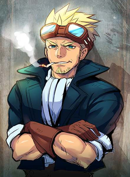 1boy ascot blonde_hair blue_eyes blue_jacket cid_highwind cigarette crossed_arms facial_hair final_fantasy final_fantasy_vii fujimaru_(green_sparrow) gloves goggles goggles_on_head grey_background jacket mature_male muscular muscular_male short_hair simple_background smoke smoking solo square_enix stubble thick_eyebrows