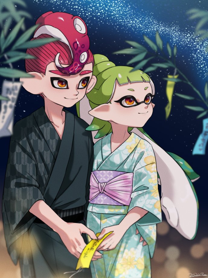 1boy 1girl alternate_hairstyle artist_name bamboo black_kimono black_sky blunt_bangs blurry blurry_foreground closed_mouth commentary couple dated depth_of_field floral_print green_hair green_kimono hair_up hetero inkling inkling_girl inkling_player_character japanese_clothes jewelry kimono long_hair looking_to_the_side makeup mascara mask milky_way mohawk night nintendo obi octoling octoling_boy octoling_player_character orange_eyes pointy_ears ponytail red_hair ring sash short_hair short_sleeves side-by-side signature sky smile splatoon_(series) standing star_(sky) starry_sky suction_cups symbol-only_commentary tanabata tanzaku tentacle_hair yeneny