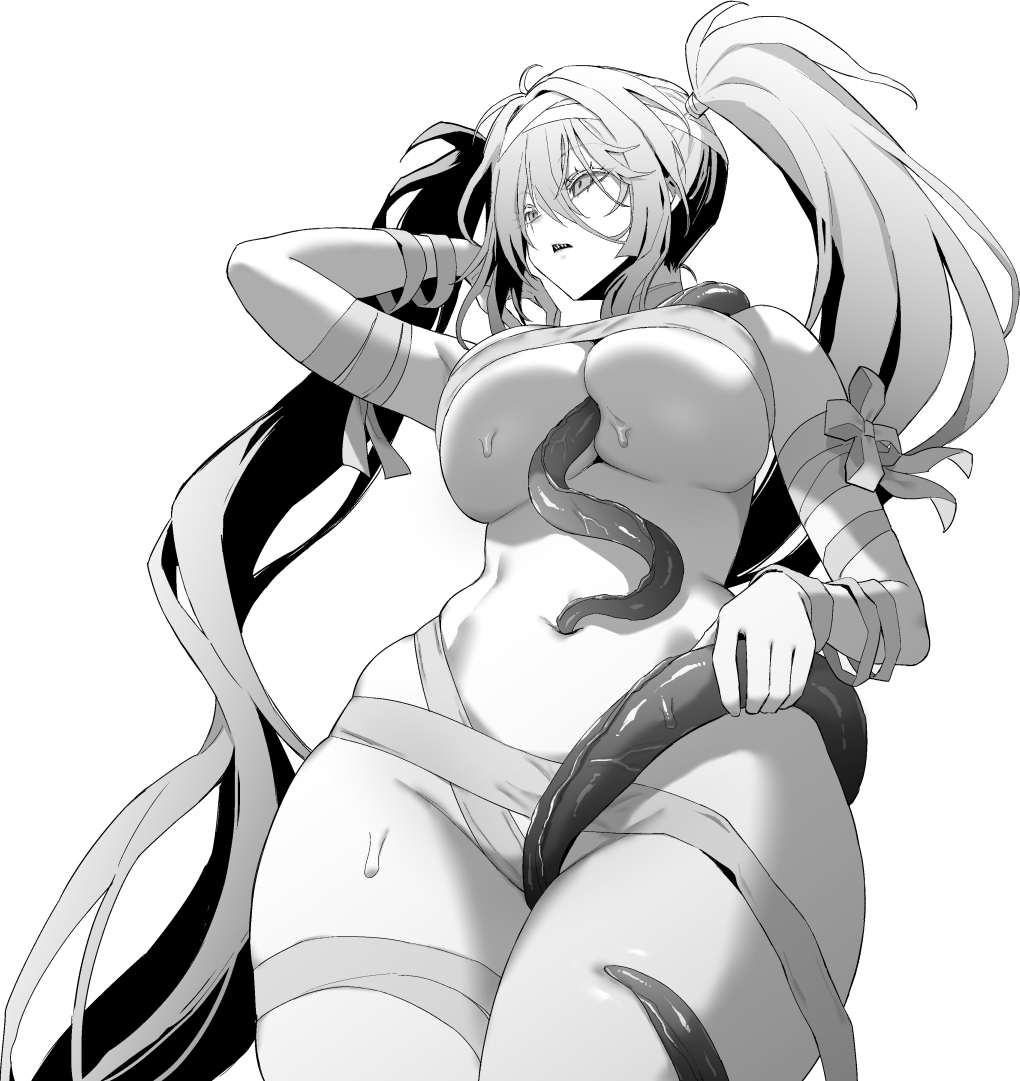 1girl azur_lane azur_lane:_slow_ahead bandages breasts eldritch_abomination fancy_(azur_lane) greyscale hori_(hori_no_su) large_breasts monochrome navel no_blindfold official_alternate_hairstyle simple_background slime_(substance) solo suction_cups tentacle_between_breasts twintails white_background