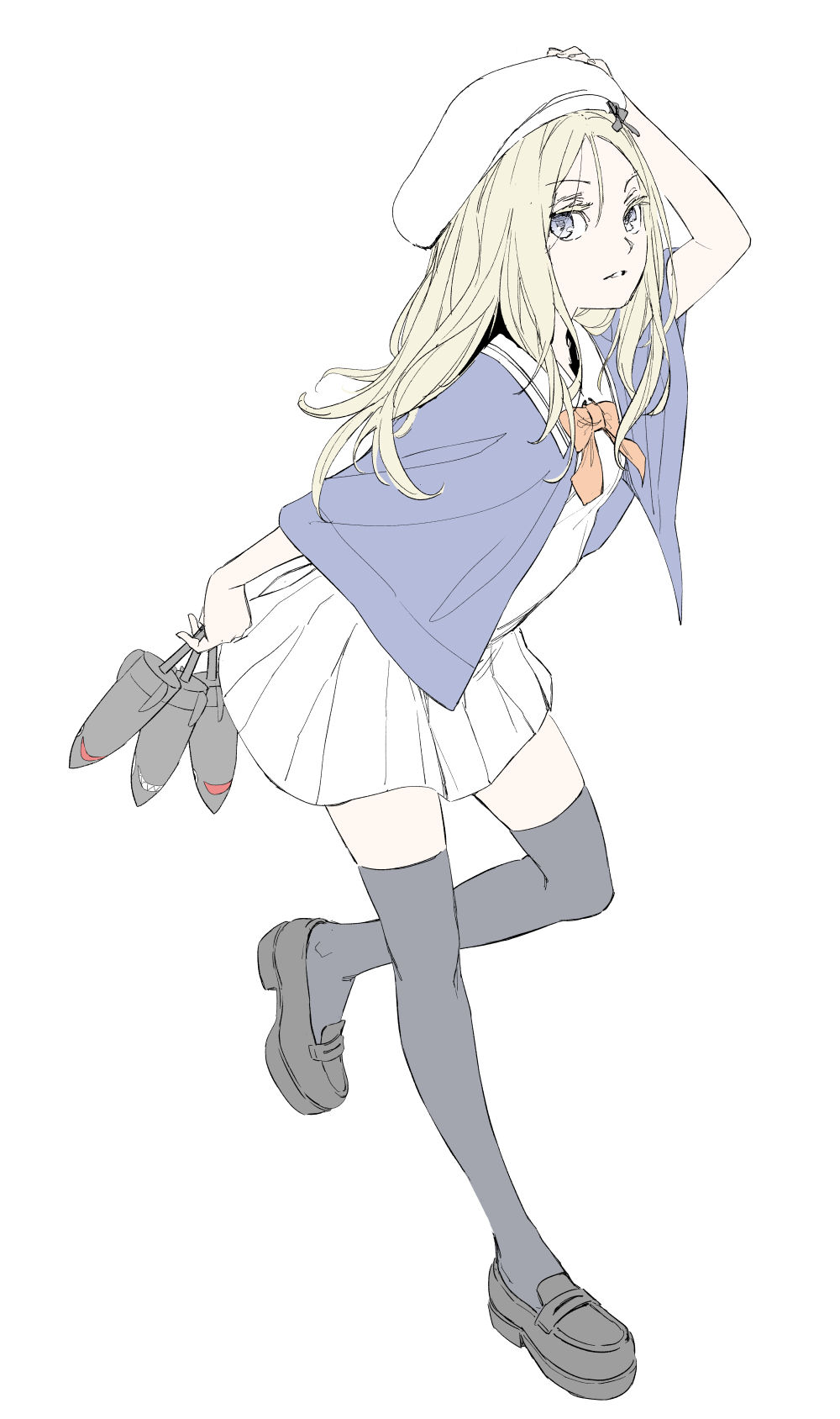 1girl black_footwear blonde_hair blue_and_white_clothes blue_eyes colored_eyelashes dress frenda_seivelun hat hat_ribbon highres holding holding_missile holding_weapon kneehighs long_eyelashes long_hair looking_at_viewer missile ribbon sexy_look skirt socks strelka_(hh_strelka) thighhighs toaru_anbu_no_item toaru_majutsu_no_index touching_own_head weapon white_background white_dress white_hat white_skirt