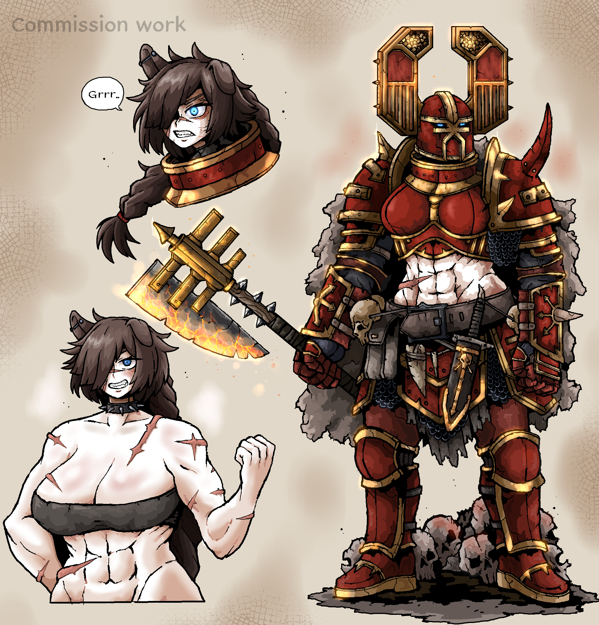 1girl abs adeptus_astartes animal_ears armor axe belt belt_pouch blue_eyes chainmail chaos_space_marine cloak collar commentary commission dagger dog_ears dog_girl english_commentary english_text fake_horns fire flaming_weapon fur_cloak genderswap genderswap_(mtf) growling hair_over_one_eye helmet highres horned_helmet horns knife midriff muscular muscular_female octosoup pouch power_armor scar shoulder_spikes skull solo spiked_collar spikes tank_top warhammer_40k weapon world_eaters