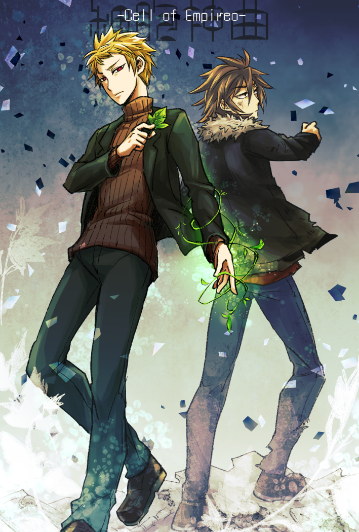 2boys atou_haruki back-to-back black_jacket black_pants black_shoes blonde_hair blue_pants brown_hair brown_sweater closed_mouth commentary_request copyright_name florakinesis full_body fur-trimmed_jacket fur_trim holding holding_leaf isoi_reiji jacket leaf long_sleeves male_focus medium_hair misuke_(gyouran) multiple_boys open_clothes open_jacket pants red_eyes red_shirt ribbed_sweater saibou_shinkyoku sanpaku shirt shoes short_hair sweater turtleneck turtleneck_sweater