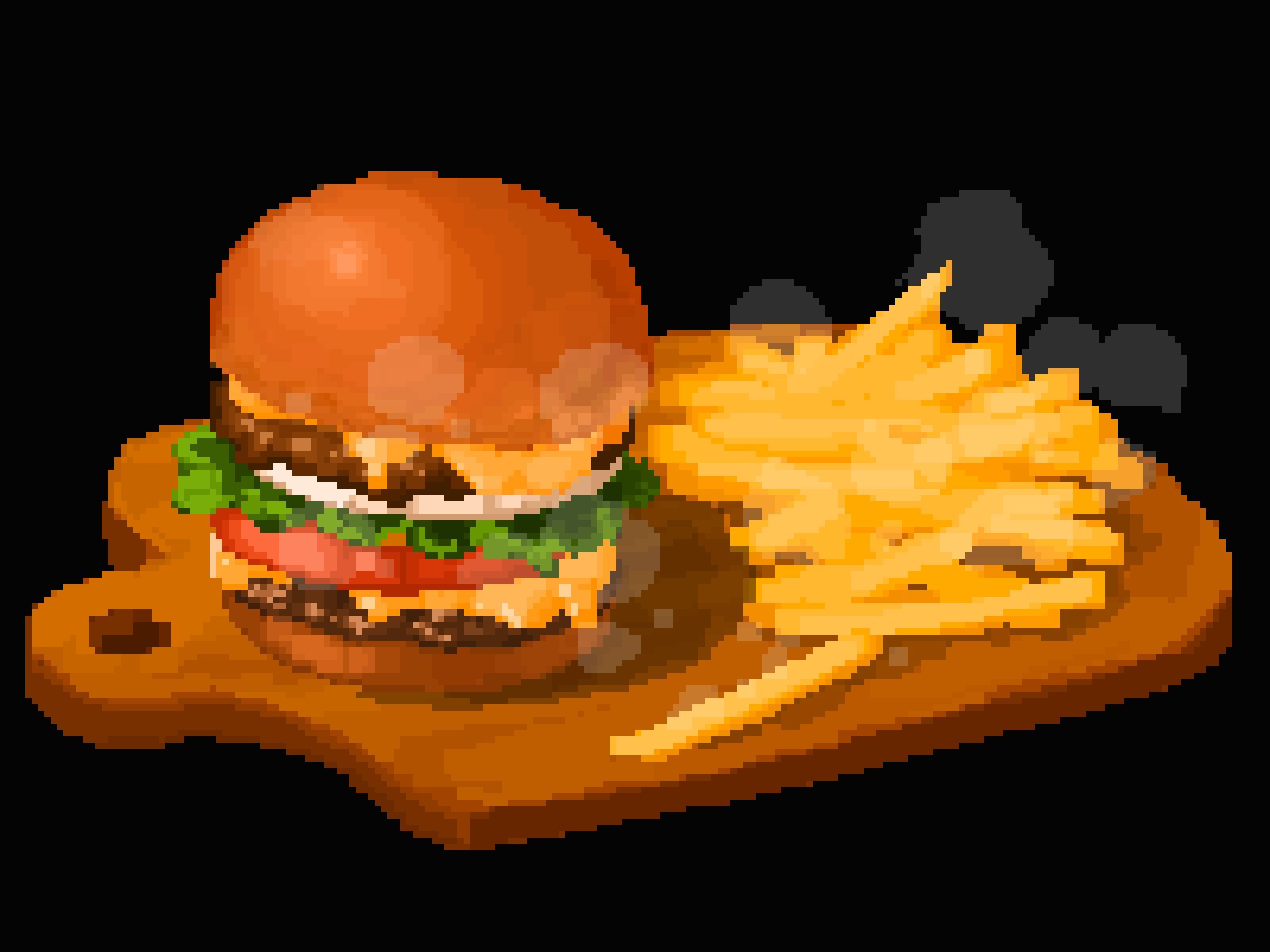 beef black_background burger cheese cutting_board food french_fries highres hisachan55cute lettuce mayonnaise no_humans original pixel_art scenery simple_background steaming_food tomato