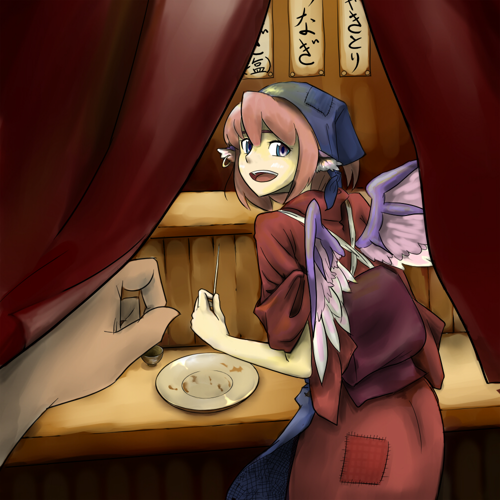 1girl animal_ears bad_id bad_pixiv_id blue_eyes blue_headscarf earrings female_focus food_stand headscarf japanese_clothes jewelry looking_back mystia_lorelei noren okamisty pink_hair plate pov short_hair sleeves_rolled_up solo_focus tasuki touhou tsukino_wagma wings