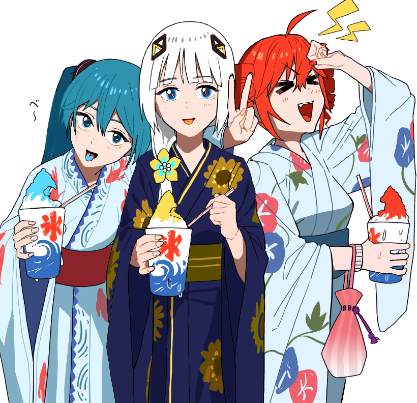 &gt;_&lt; 3girls ahoge animal_print aqua_eyes aqua_hair arm_around_shoulder blue_eyes blue_hair blue_kimono blunt_bangs brain_freeze cevio colored_tongue diamond_hair_ornament drill_hair fish_print floral_print floral_print_kimono flower food hair_between_eyes hair_flower hair_ornament hair_over_shoulder hatsune_miku holding holding_food japanese_clothes kafu_(cevio) kasane_teto kimono lightning_bolt_symbol long_hair long_sleeves looking_at_viewer low_ponytail mire_esan multicolored_eyes multiple_girls obi open_mouth ponytail pouch print_kimono red_eyes red_hair red_nails sash shaved_ice simple_background smile tongue tongue_out twin_drills twintails utau v very_long_hair vocaloid white_background white_hair white_kimono wide_sleeves