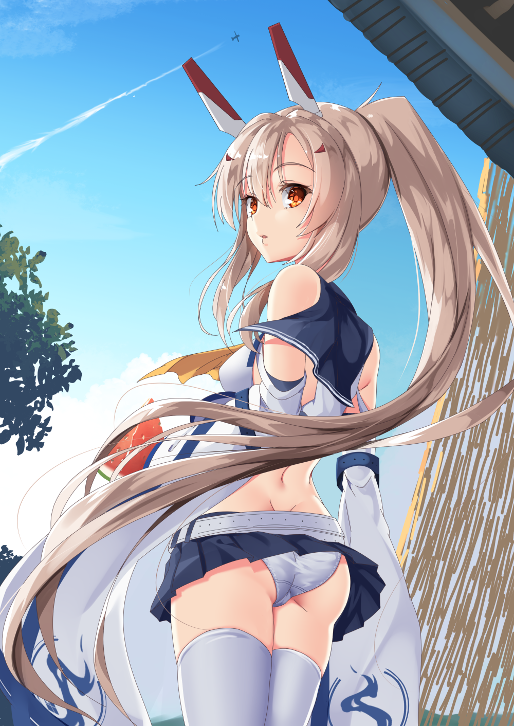 aircraft airplane ass ayanami_(azur_lane) ayanami_(retrofit)_(azur_lane) azur_lane bad_id bad_pixiv_id bare_shoulders belt blonde_hair blue_skirt butt_crack cloud cloudy_sky commentary_request cowboy_shot detached_sleeves food fruit hair_between_eyes headgear highres holding holding_food inu3 long_hair long_sleeves looking_at_viewer looking_back neckerchief open_mouth orange_eyes outdoors panties pantyshot ponytail remodel_(azur_lane) sailor_collar shirt sidelocks skirt sky solo thighhighs underwear very_long_hair watermelon white_belt white_panties white_shirt white_thighhighs yellow_neckerchief