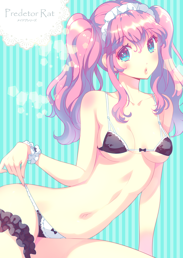 1girl adjusting_clothes adjusting_panties aqua_eyes bare_arms bare_shoulders bikini long_hair maid_headdress navel nishimura_eri original panties parted_lips pink_hair pink_lips scrunchie sitting solo stomach striped_background swimsuit thigh_scrunchie twintails underwear upper_body wrist_scrunchie yokozuwari