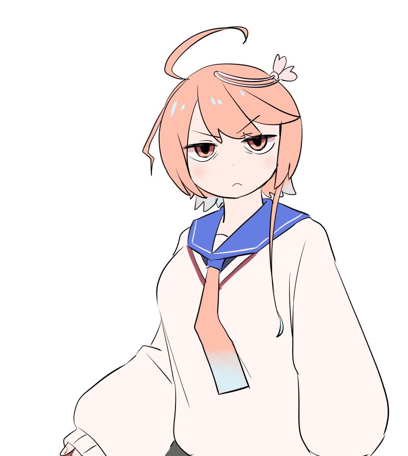 1girl ahoge amate_yuzuriha amate_yuzuriha_(cosplay) blue_sailor_collar commentary_request cosplay gradient_hair gundam gundam_gquuuuuux hair_ornament i-58_(kancolle) kantai_collection looking_at_viewer multicolored_hair neckerchief pink_eyes pink_hair pink_neckerchief sailor_collar school_uniform serafuku short_hair simple_background solo tamu_(mad_works) upper_body white_background