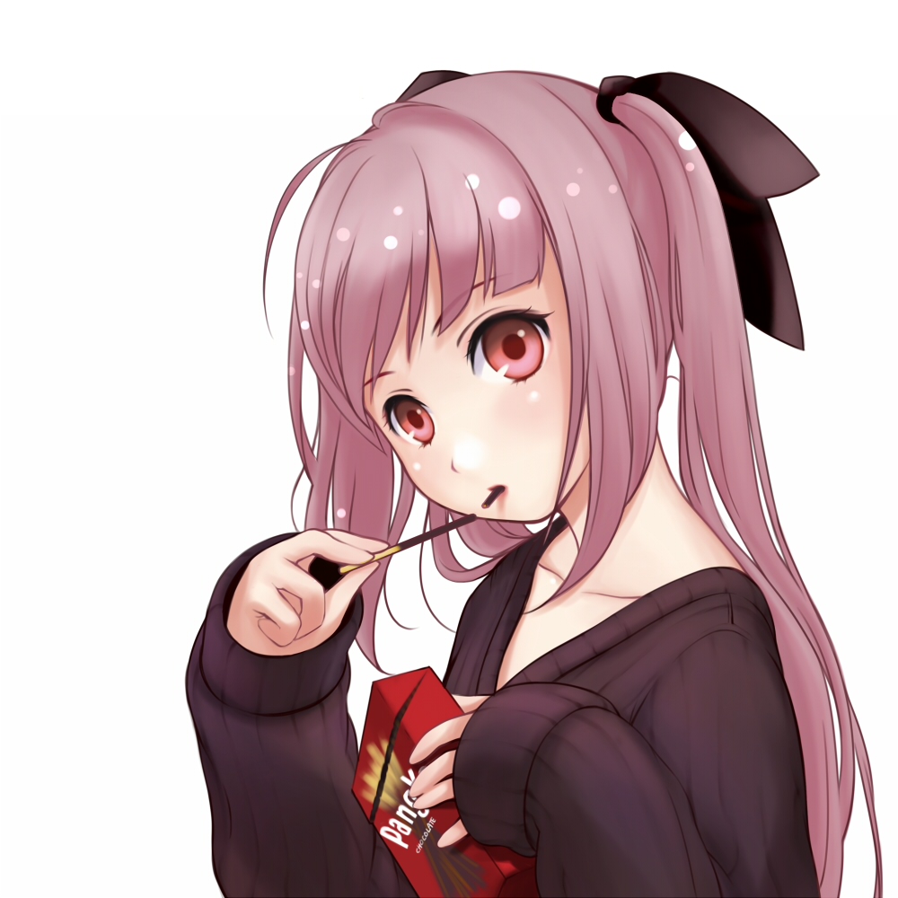 1girl bow brand_name_imitation brandname_parody eating female_focus food hair_bow hana kooh long_hair pangya pink_eyes pink_hair pocky simple_background solo sweater white_background yori yori_(shitsuon)