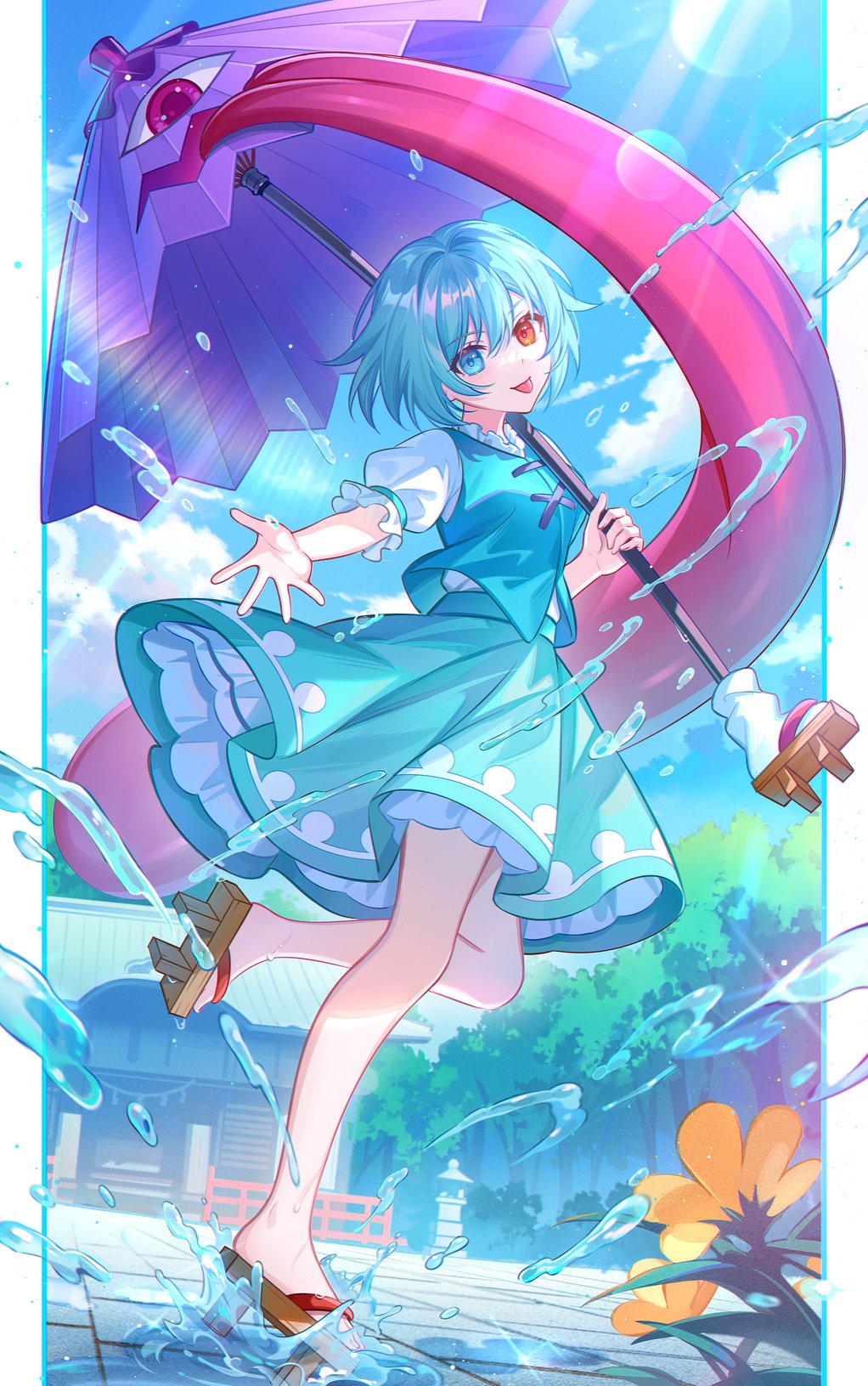 1girl :p aqua_eyes aqua_hair aqua_skirt aqua_vest blue_sky cloud commentary commentary_request commission day flower full_body geta heterochromia highres holding holding_umbrella lazuri7 lens_flare looking_at_viewer outdoors outstretched_arm puddle puffy_short_sleeves puffy_sleeves purple_umbrella reaching reaching_towards_viewer red_eyes sandals shirt short_hair short_sleeves shrine skeb_commission skirt sky solo standing standing_on_one_leg sunlight tatara_kogasa tongue tongue_out touhou umbrella vest water white_shirt yellow_flower