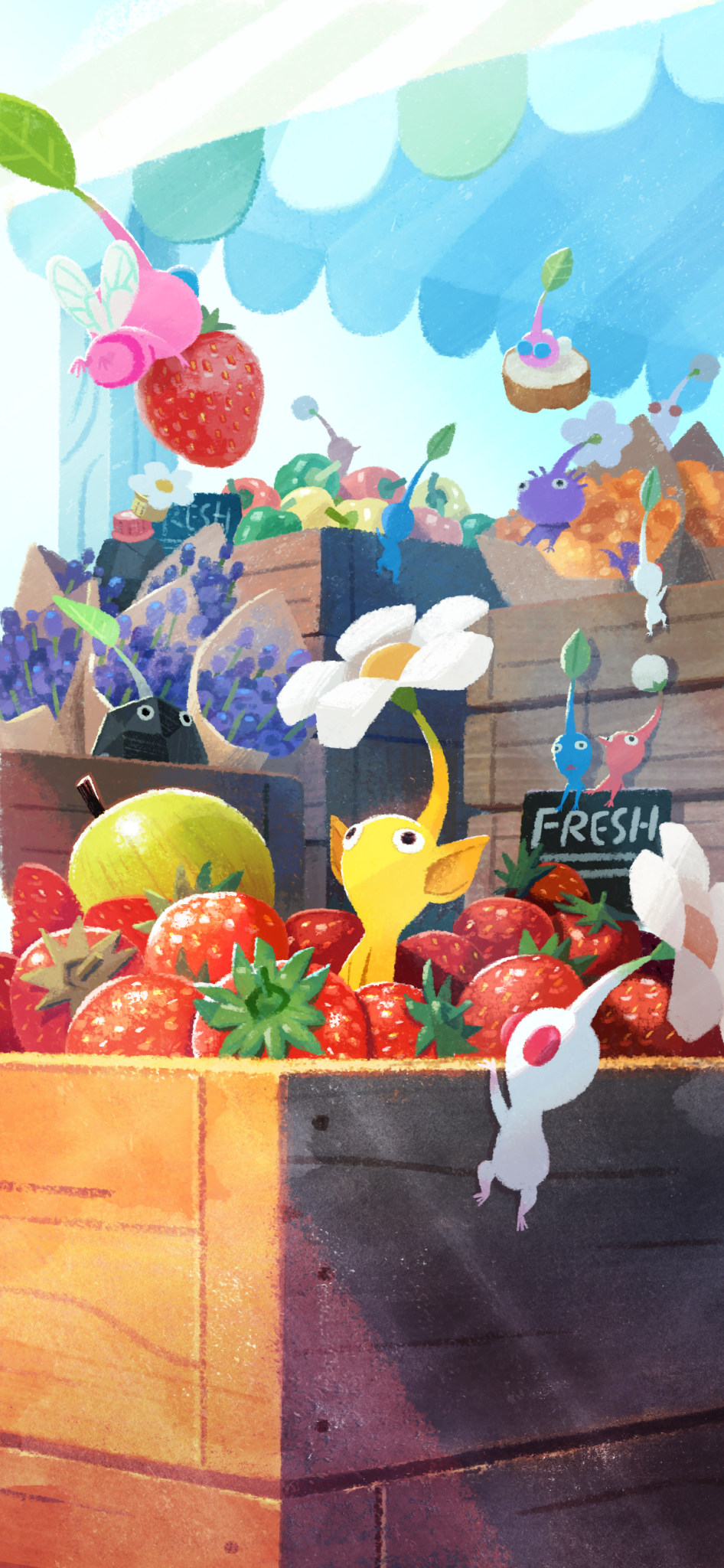 amelicart apron black_eyes black_skin blue_eyes blue_pikmin blue_skin blue_sky bouquet bud carrying climbing colored_skin creature creature_focus day flower flying food from_behind fruit game_cg green_apron highres holding holding_food holding_fruit insect_wings lavender_(flower) lemon light_rays lime_(fruit) looking_at_another market_stall nintendo no_humans no_mouth official_art orange_flower outdoors oversized_food oversized_object pikmin_(creature) pikmin_(series) pikmin_bloom pink_skin pointy_ears pointy_nose purple_flower purple_pikmin red_eyes red_pikmin red_skin rock rock_pikmin sign sky solid_circle_eyes strawberry sunlight triangle_mouth white_flower white_pikmin white_skin winged_pikmin wings yellow_pikmin yellow_skin