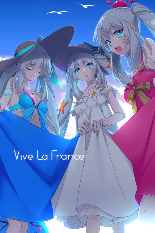 3girls backlighting bare_shoulders bikini bird blue_bikini blue_eyes blue_sky blush breasts cleavage closed_eyes collarbone crab dress dress_swimsuit echo_(circa) fate/grand_order fate_(series) hat jewelry long_hair looking_at_viewer marie_antoinette_(fate) marie_antoinette_(swimsuit_caster)_(first_ascension)_(fate) marie_antoinette_(swimsuit_caster)_(second_ascension)_(fate) marie_antoinette_(swimsuit_caster)_(third_ascension)_(fate) medium_breasts multiple_girls multiple_persona navel necklace one-piece_swimsuit open_mouth red_one-piece_swimsuit sarong sidelocks sky smile straw_hat swimsuit thighs twintails very_long_hair white_dress white_hair