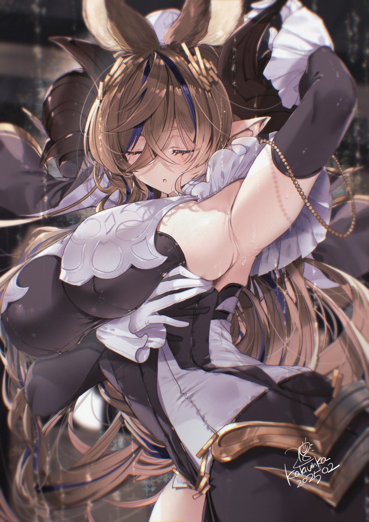 1girl 218 animal_ears armpits breasts brown_hair closed_eyes extra_ears galleon_(granblue_fantasy) gloves granblue_fantasy hair_between_eyes horns large_breasts long_hair pointy_ears sideboob solo