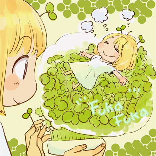 asagao_to_kase-san blonde_hair bob_cut brown_eyes chibi dress green_dress green_theme official_art plant_on_head smile speech_bubble takashima_hiromi thought_bubble yamada_yui