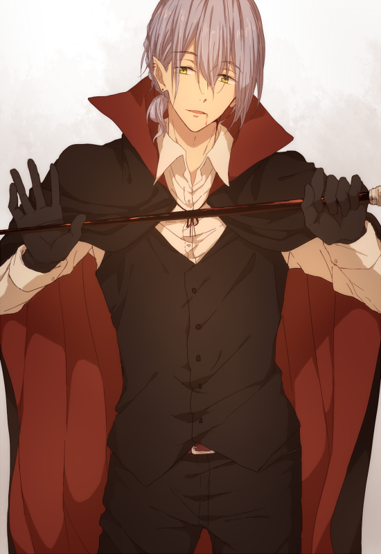 1boy aihara black_gloves blood cape gloves green_eyes halloween halloween_costume high_speed! looking_at_viewer male_focus piercing pointy_ears purple_hair serizawa_nao short_hair solo vampire