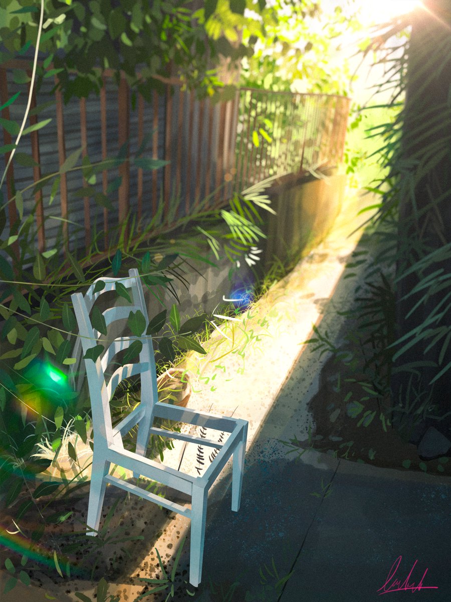 banishment blurry chair commentary_request day depth_of_field fence foliage highres leaf no_humans original outdoors plant scenery shade signature sunlight