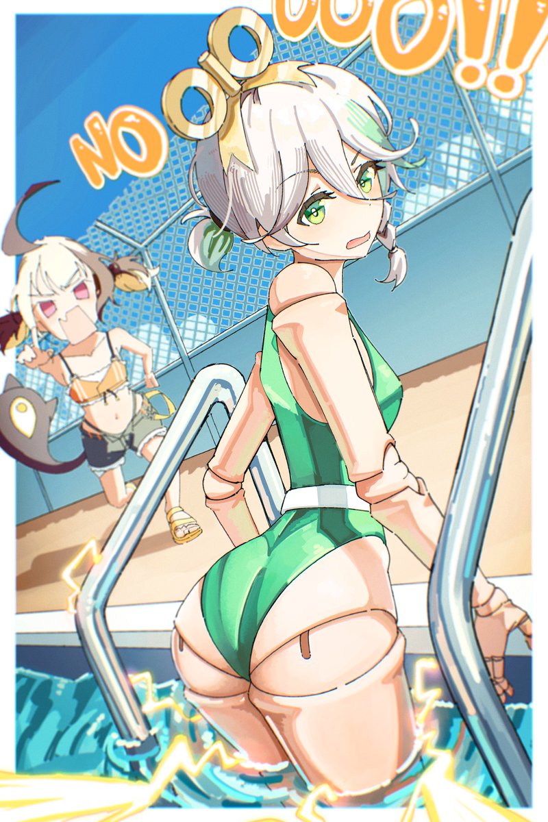 2girls ahoge alternate_costume ass bikini bikini_bottom_under_shorts bikini_under_clothes blue_sky braid brown_hair cecilia_immergreen chain-link_fence cloud denim denim_shorts doll_joints electricity english_text fang fence flip-flops from_behind gigi_murin good_ass_day green_eyes green_hair green_one-piece_swimsuit grey_hair hair_between_eyes hashtag-only_commentary highres hololive hololive_english hoot_hoot_owl huge_ahoge joints looking_at_viewer multiple_girls navel one-piece_swimsuit pointing pointing_at_viewer pool pool_ladder poolside sandals shorts skin_fang sky solid_eyes stomach striped_hair swimsuit tail twintails virtual_youtuber water
