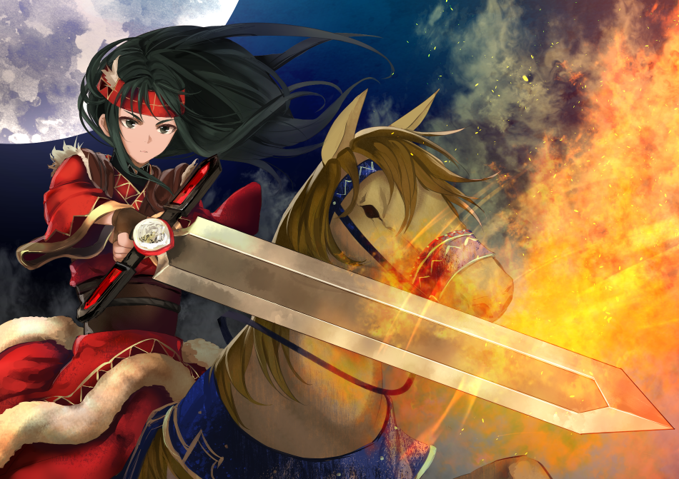 1girl 1other brown_sash durandal_(fire_emblem) fire_emblem fire_emblem:_the_binding_blade green_eyes green_hair headband horse horseback_riding long_hair moon night night_sky nintendo red_headband riding shoochiku_bai sky solo sue_(fire_emblem)