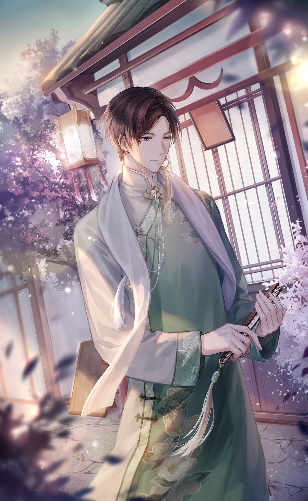 1boy architecture artist_request blue_sky brown_hair building cherry_blossoms chinese_clothes closed_mouth cloud_print cowboy_shot dawn earrings east_asian_architecture falling_petals folded_fan folding_fan game_cg gold_earrings green_hanfu grey_eyes half-closed_eyes hand_fan hanfu high_collar highres holding holding_fan hoop_earrings jewelry light_particles light_smile long_sleeves looking_ahead male-female_symbol mandarin_collar marking_on_cheek nikki_(series) official_art outdoors petals qin_yi shawl shining_nikki short_hair single_earring sky solo spring_(season) sunlight tassel tassel_earrings tree two-tone_hanfu walking white_hanfu white_shawl
