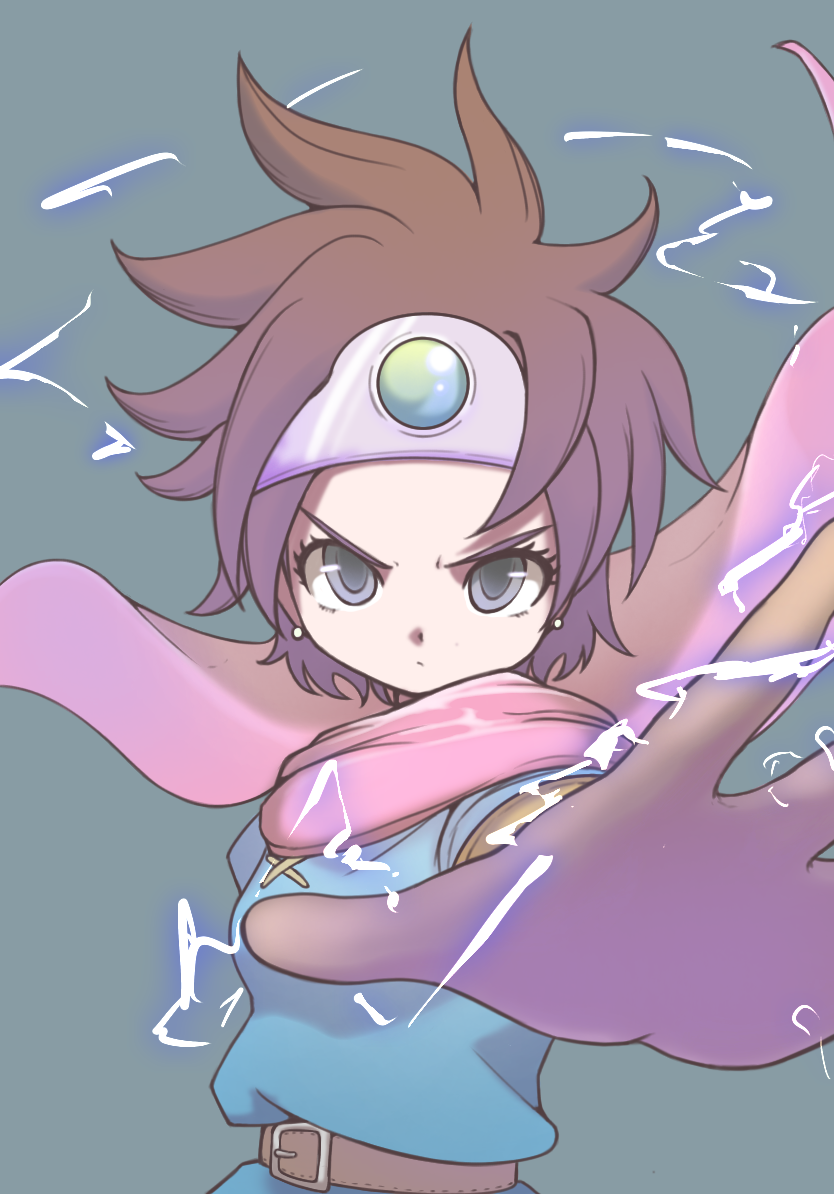 1girl aqua_gemstone belt blue_tunic brown_belt brown_gloves brown_hair cape circlet commentary_request crackling_energy daydream1201 dragon_quest dragon_quest_iii earrings floating_cape floating_hair gem gloves green_background green_gemstone grey_eyes heroine_(dq3) imminent_attack jewelry looking_at_viewer multicolored_gemstone pink_cape reaching reaching_towards_viewer roto_(dq3) short_hair silver_circlet spiked_hair stud_earrings tunic upper_body