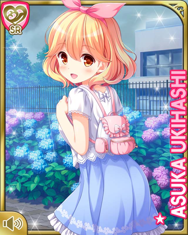 1girl :d backpack bag blonde_hair blue_dress bow breasts brown_eyes card_(medium) day dress from_behind girlfriend_(kari) hair_bow medium_breasts official_art open_mouth outdoors pink_bow qp:flapper rain shirt short_hair smile solo tagme ukihashi_asuka walking white_shirt