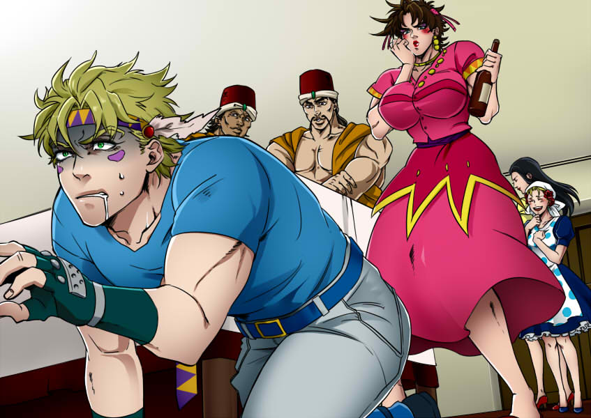 2girls 4boys bottle caesar_anthonio_zeppeli crawling crossdressing dress drooling izumiya_mao jojo_no_kimyou_na_bouken joseph_joestar joseph_joestar_(tequila) joseph_joestar_(young) lipstick lisa_lisa loggins_(jojo) makeup mao-009 messina_(jojo) multiple_boys multiple_girls shaded_face suzi_q