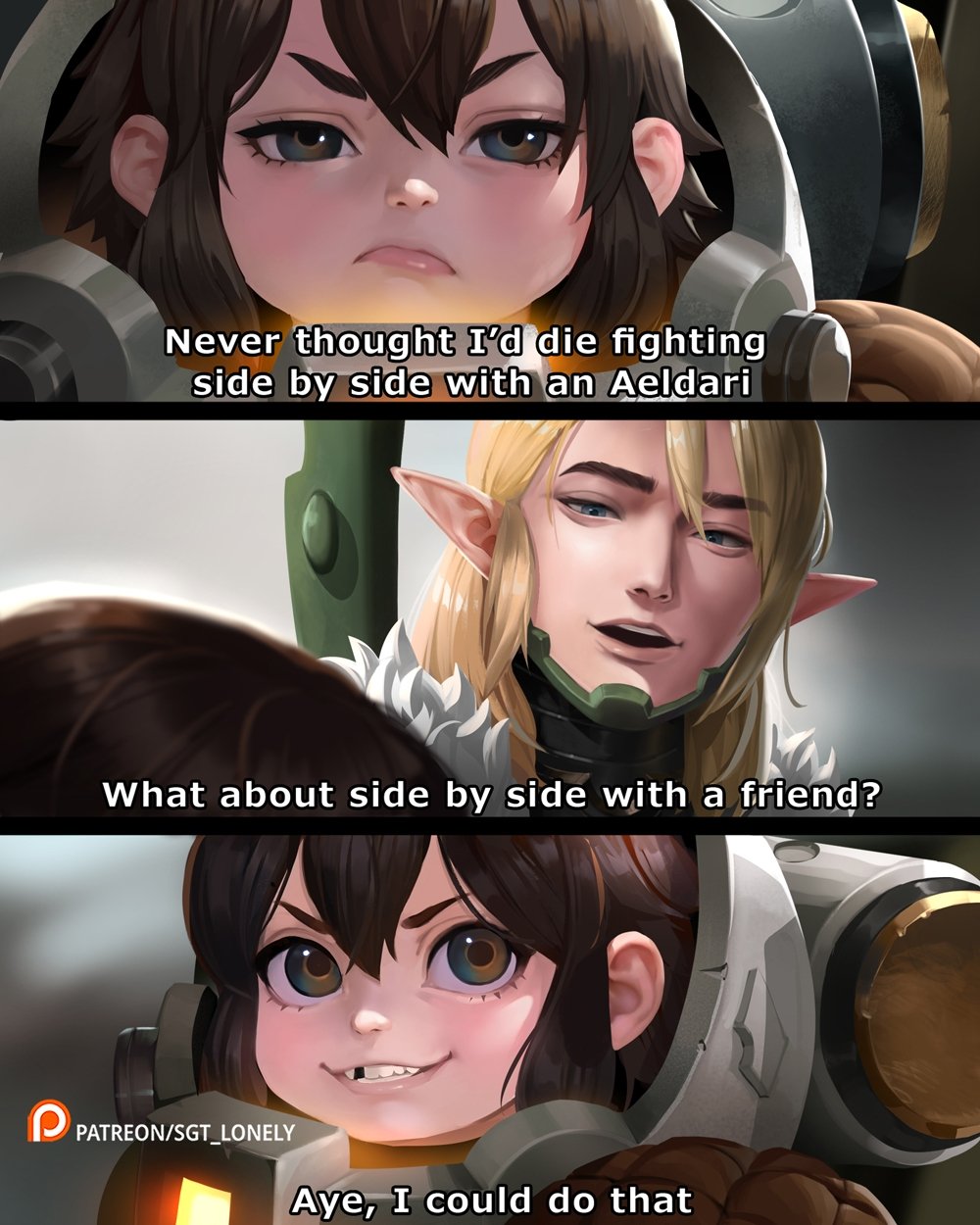 1boy 1girl armor blonde_hair brown_eyes brown_hair dwarf eldar elf english_text friends frown hair_between_eyes heresy highres leagues_of_votann long_hair meme pointy_ears pout power_armor scene_reference sgt_lonely smile tall_male the_lord_of_the_rings tolkien&#039;s_legendarium tooth_gap warhammer_40k