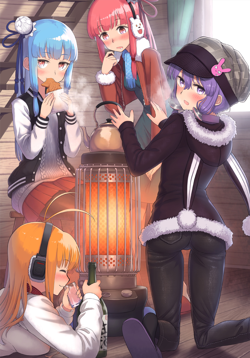 4girls alternate_costume antenna_hair aran_sweater ass black_hoodie black_pants black_pantyhose black_socks blonde_hair bloom blue_hair blue_ribbon blush bottle breath bun_cover cabbie_hat cabin cable_knit cameltoe closed_mouth cold cropped_jacket cup denim drinking drunk earmuffs eating fat_mons food fur-trimmed_hood fur-trimmed_jacket fur_trim hair_bun hair_ribbon hand_on_own_thigh hat headphones holding holding_bottle holding_cup holding_food hood hood_down hoodie indoors jacket jeans kerosene_heater kneeling kotonoha_akane kotonoha_aoi leaning_forward letterman_jacket long_hair long_sleeves looking_at_viewer looking_back low-tied_sidelocks multiple_girls nose_blush on_floor on_stool open_clothes open_jacket overexposure pants pantyhose pink_eyes pink_hair purple_eyes purple_hair red_jacket red_skirt ribbon sake_bottle samaru_(seiga) short_hair_with_long_locks sidelocks sitting skirt slippers smile socks standing sweater taiyaki tight_clothes tight_pants tsurumaki_maki vocaloid voiceroid wagashi warming_hands white_sweater window yuzuki_yukari