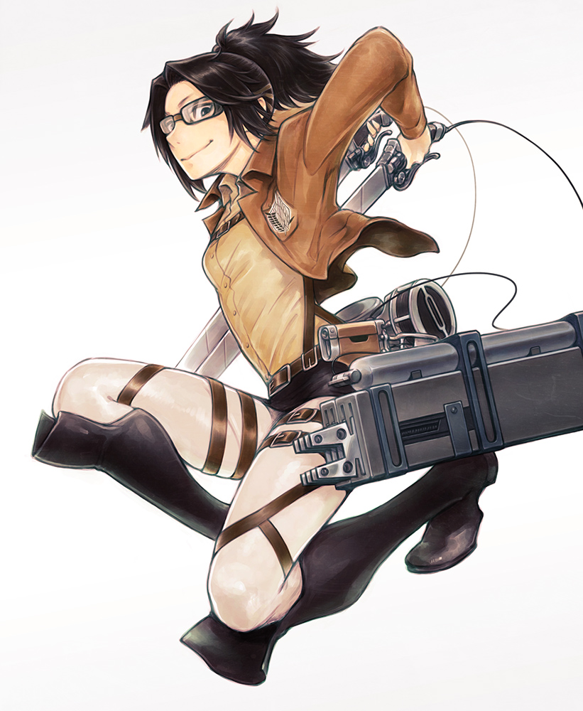 1girl arms_up belt black_boots black_hair boots breasts brown_jacket closed_mouth collared_shirt dual_wielding glasses hange_zoe hanji_(hansi) holding holding_weapon jacket knee_boots looking_at_viewer open_clothes open_jacket paradis_military_uniform ponytail shingeki_no_kyojin shirt simple_background small_breasts solo thigh_strap three-dimensional_maneuver_gear weapon