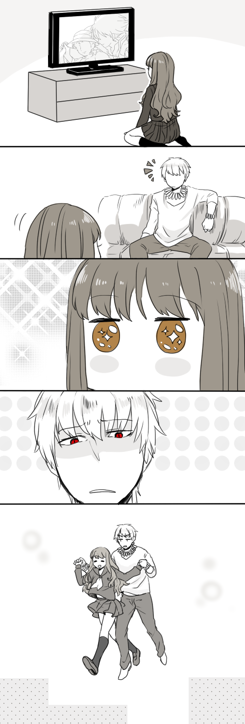 10s brown_eyes comic fate/extra fate/stay_night fate_(series) gilgamesh_(fate) highres howl howl_(howl_no_ugoku_shiro) howl_no_ugoku_shiro jewelry kishinami_hakuno_(female) long_hair monochrome necklace open_mouth pants red_eyes school_uniform shoes short_hair skirt socks sophie sophie_(howl_no_ugoku_shiro) sparkle