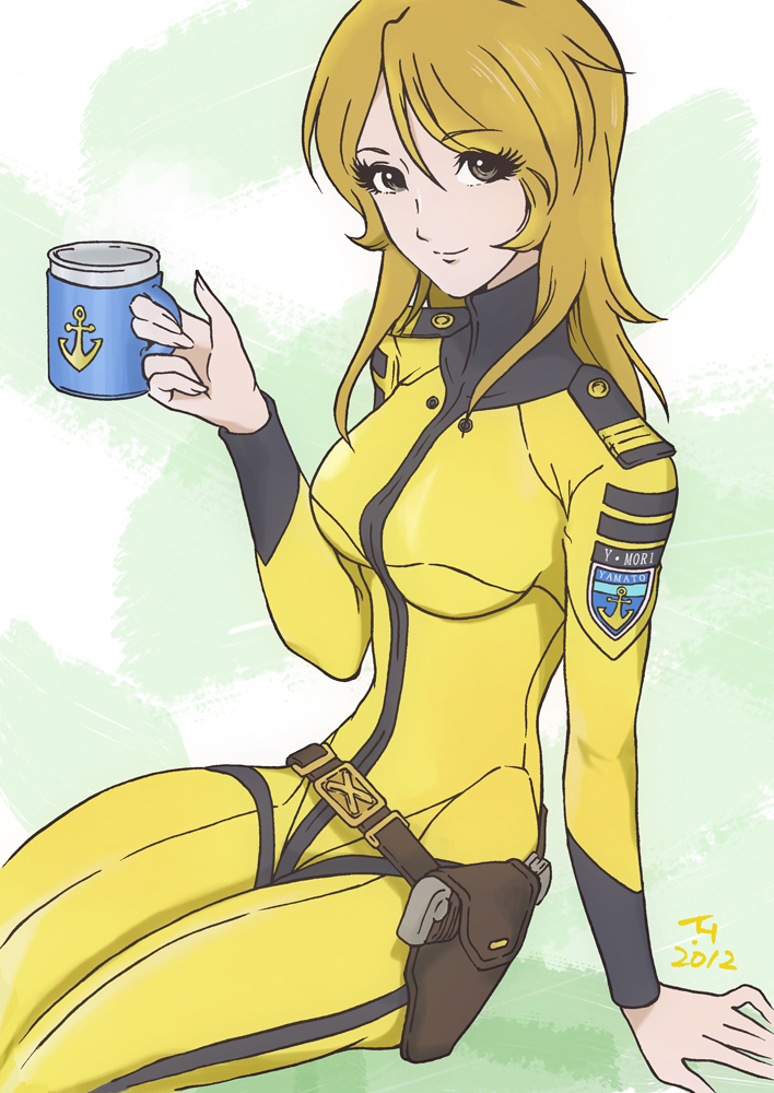 10s 1girl anchor arm_support blonde_hair bodysuit crossdraw_holster cup female_focus holding holster insignia kujira_gunsou long_hair military military_uniform mori_yuki mug revision science_fiction smile solo uchuu_senkan_yamato uchuu_senkan_yamato_2199