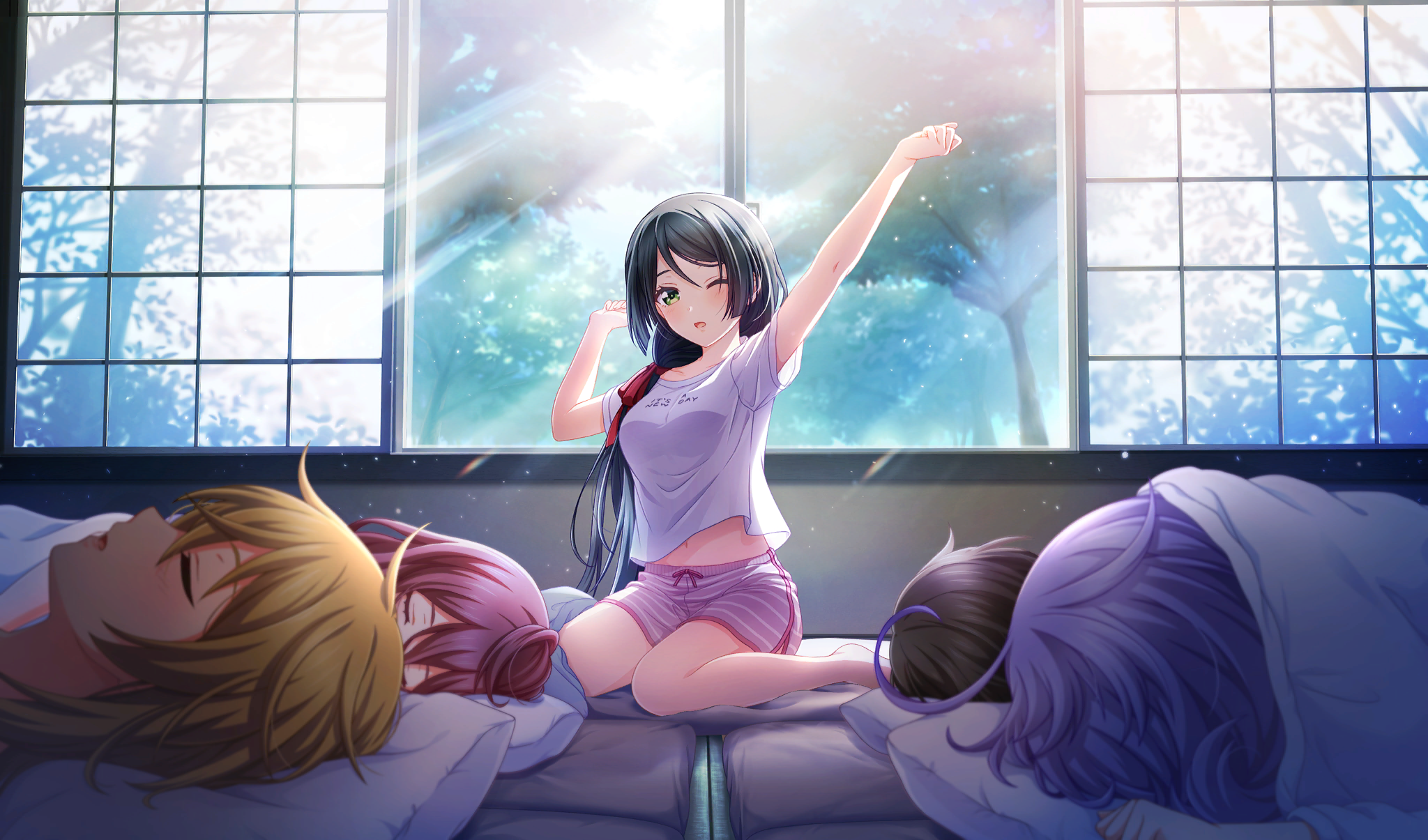 5girls ahoge arm_up asada_aoi black_hair blonde_hair cinderella_series film_grain futon game_cg green_eyes hachigatsu_no_cinderella_nine hair_ribbon highres honjo_chikage indoors iwaki_yoshimi light_particles light_rays long_hair looking_at_viewer morning multiple_girls navel non-web_source official_art one_eye_closed parted_lips purple_hair red_ribbon ribbon shirt short_sleeves shorts sitting sleeping solo_focus striped_clothes striped_shorts sunbeam sunlight tsukahara_shizuku tsukumo_kana wariza white_shirt wings