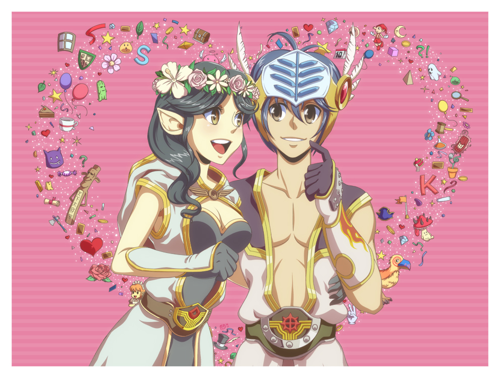 1boy 1girl angeling axe balloon belt bicorne black_gloves black_hair blue_hair box breasts brown_eyes cake cake_slice champion_(ragnarok_online) championship_belt character_doll cleavage coat coin cokeboy commentary commission cookie_(ragnarok_online) couple crescent_moon cup deviruchi_hat diamond_(gemstone) drops_(ragnarok_online) english_commentary flag flora_(ragnarok_online) flower food ghost gloves gold_trim greatest_general_(ragnarok_online) grey_coat grey_shirt hammer hat head_wreath heart helmet hetero hood hooded_coat kafra_uniform looking_at_another looking_to_the_side maid_headdress medium_breasts medium_hair moon muka_(ragnarok_online) multicolored_coat open_mouth peco_peco pink_flower pink_rose plant pointy_ears potion potted_plant qingdai_guanmao ragnarok_online rose roxie_(ragnarok_online) sheet_ghost shield shirt short_hair slime_(creature) smile spore_(ragnarok_online) star_(symbol) teacup totem treasure_chest two-tone_coat two-tone_gloves upper_body whisper_(ragnarok_online) white_coat white_flower white_gloves