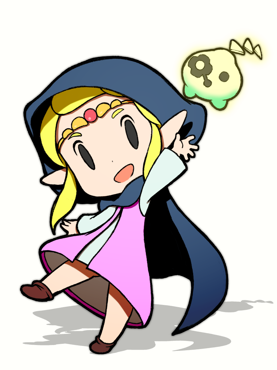 1girl :d arm_up beeru_(veil8801) black_eyes blonde_hair blue_cape brown_shoes cape circlet coat dress highres hood hood_up hooded_cape leg_up long_hair long_sleeves nintendo open_mouth pink_coat pointy_ears princess_zelda shadow shoes simple_background sleeveless sleeveless_coat smile standing standing_on_one_leg the_legend_of_zelda the_legend_of_zelda:_echoes_of_wisdom tri_(zelda) white_background white_dress