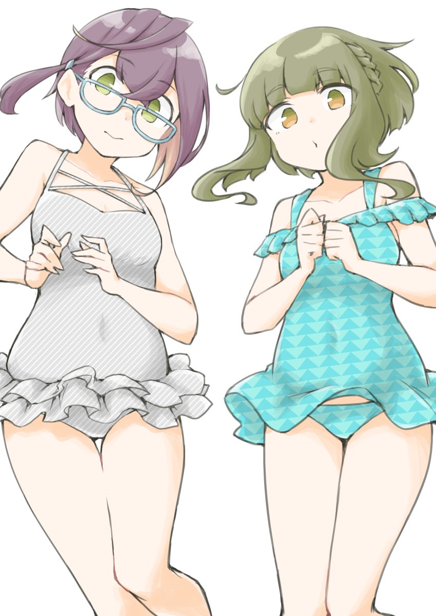 ahoge akara_kai aqua-framed_eyewear blue-framed_eyewear blush bob_cut breasts brown_eyes brown_hair casual_one-piece_swimsuit cosplay costume_switch covered_navel glasses green_eyes green_hair green_one-piece_swimsuit grey_one-piece_swimsuit highres kantai_collection looking_at_viewer multicolored_hair official_alternate_costume okinami_(kancolle) okinami_(swimsuit)_(kancolle) one-piece_swimsuit short_hair short_hair_with_long_locks sidelocks simple_background small_breasts swimsuit swimsuit_skirt takanami_(kancolle) takanami_(swimsuit)_(kancolle) yellow_eyes