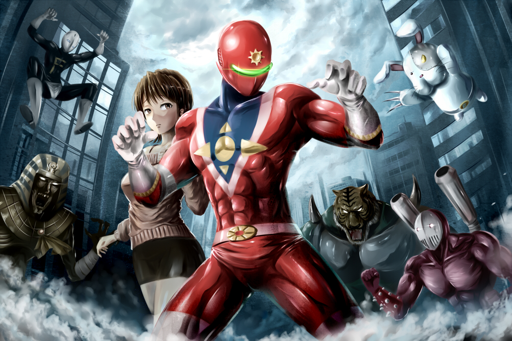 00s 1girl 5boys armor armor_tiger brown_eyes brown_hair city claws glowing glowing_eyes kaamenman kayoko male_focus mask medario monster multiple_boys muscular poo_(saku) skirt sunred tentai_senshi_sunred uchida_kayoko usakotsu