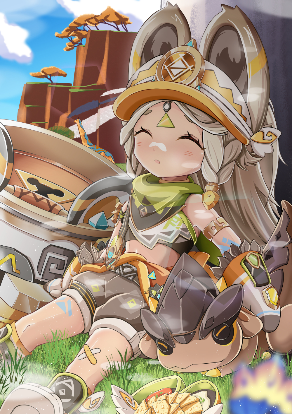 1girl ^_^ against_tree bandage_on_knee bandana bandana_around_neck blue_sky blush chinchilla_ears cliff closed_eyes clothes_around_waist cloud commentary_request crop_top day foot_out_of_frame fur-trimmed_mittens fur_trim genshin_impact grass green_bandana highres homura_0205 jacket jacket_around_waist kachina_(genshin_impact) light_brown_hair long_hair making-of_available midriff mittens on_grass orange_jacket orange_mittens orange_visor outdoors parted_lips short_shorts shorts sitting sky sleeping solo tepetlisaurus_(genshin_impact) tree very_long_hair white_mittens