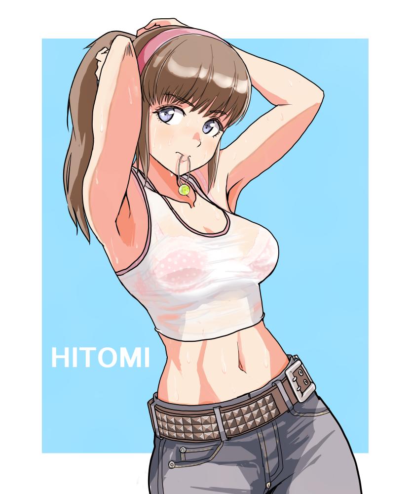 1girl armpits bare_shoulders belt breasts brown_hair character_name crop_top dead_or_alive dead_or_alive_5 denim hiroyama_(hpzg5374) hitomi_(doa) jeans large_breasts long_hair midriff pants see-through_clothes sleeveless