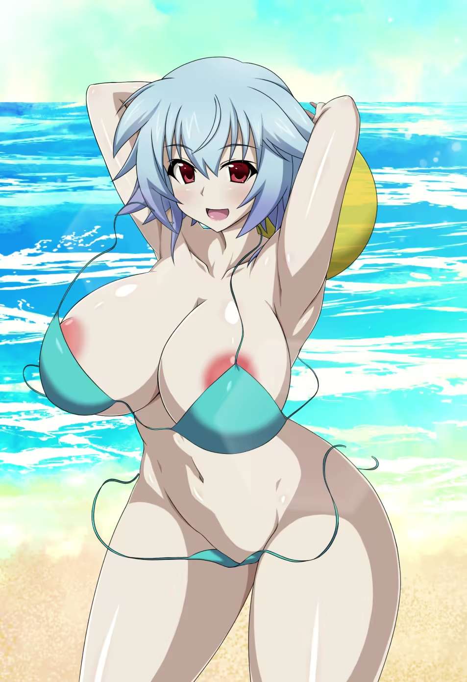 1girl aqua_bikini armpits arms_behind_head ball beach beachball bikini blue_hair breasts cleavage highres infinite_stratos large_breasts legs looking_at_viewer navel nipples ocean open_mouth red_eyes sarashiki_tatenashi short_hair smile solo space_gorilla swimsuit thick_thighs thighs untied_bikini wardrobe_malfunction water